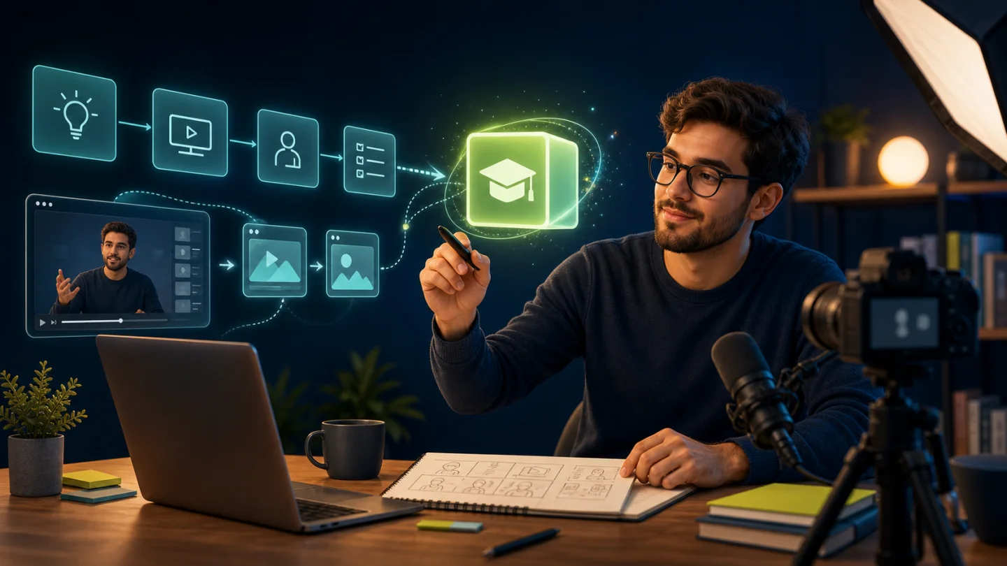 Ilustração de criação de curso online com planejamento, gravação e módulos de aprendizagem