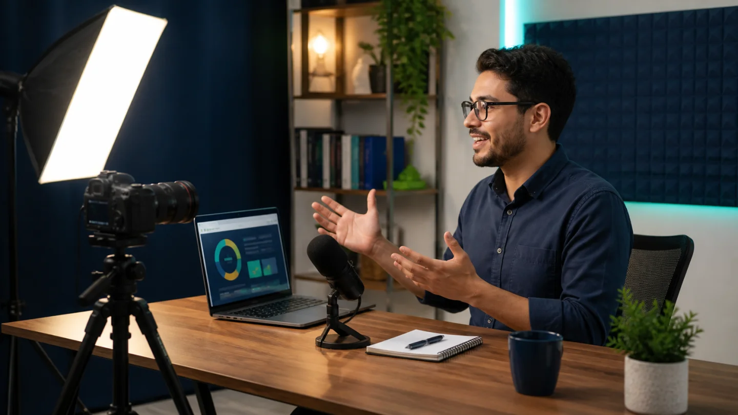 Criador de curso gravando uma videoaula em estúdio com câmera, microfone e iluminação
