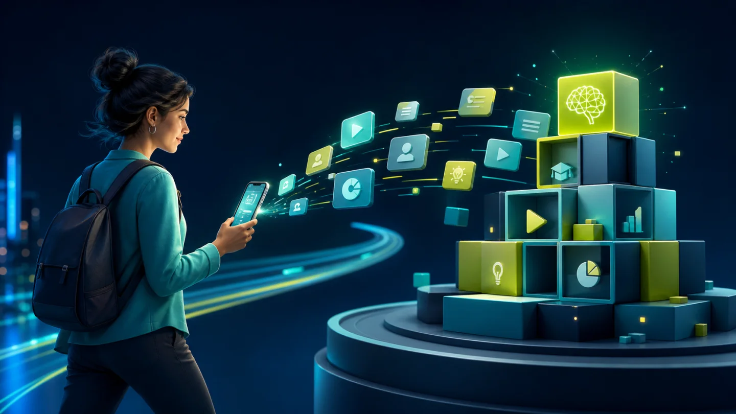 Ilustração de microlearning com pílulas de conhecimento e aprendizagem móvel