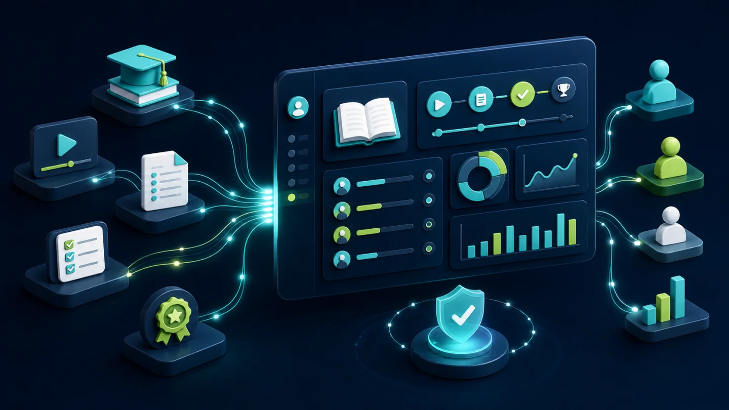 Ilustração de LMS conectando cursos, alunos, avaliações e indicadores de aprendizagem