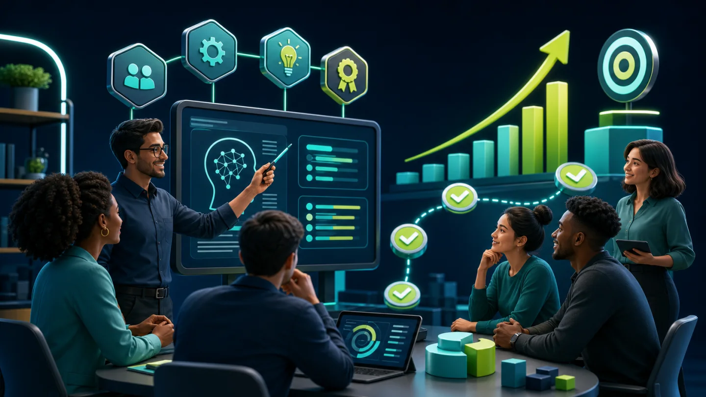 Ilustração de treinamento corporativo com equipe, competências e indicadores de evolução