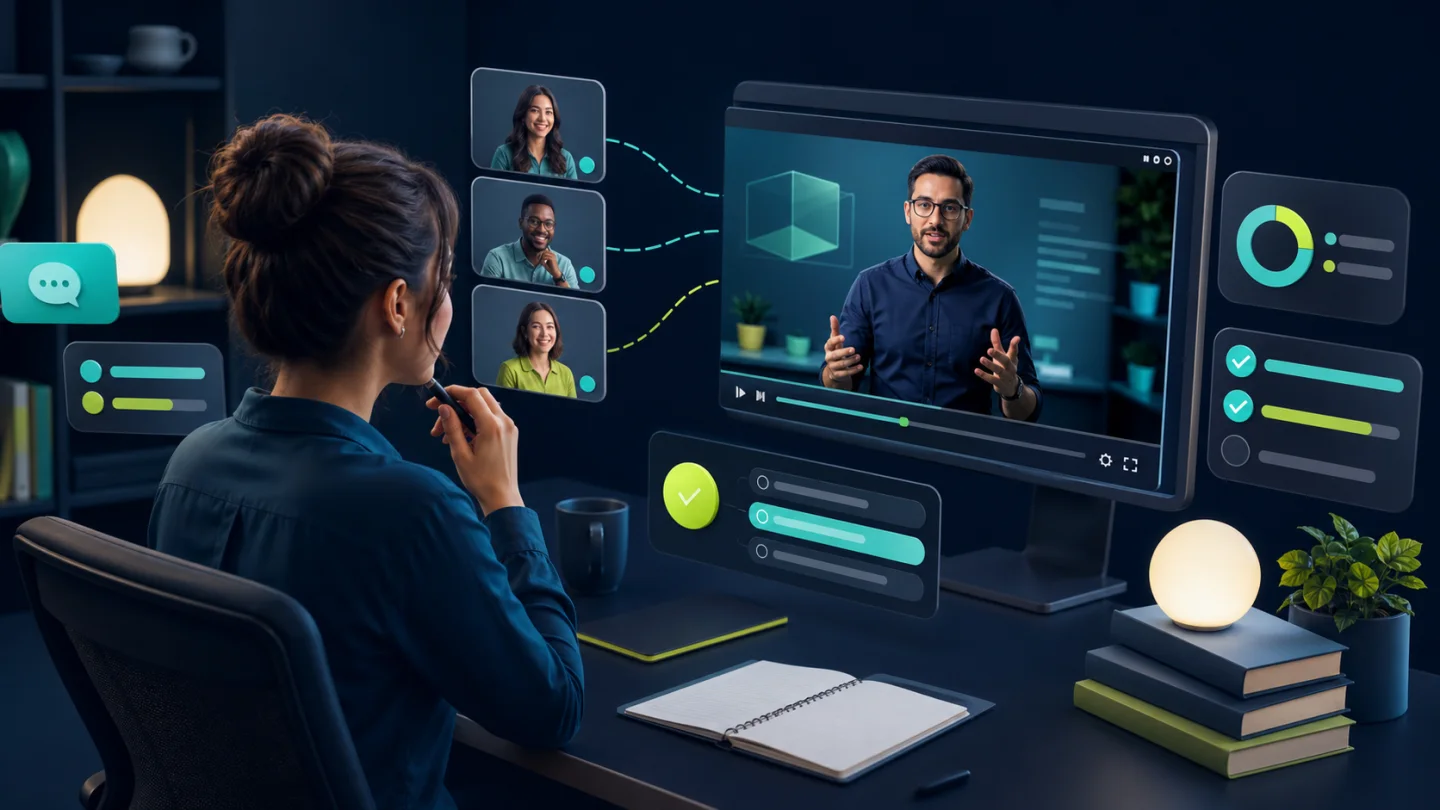 Ilustração de vídeos na educação corporativa com aula online, interação e acompanhamento
