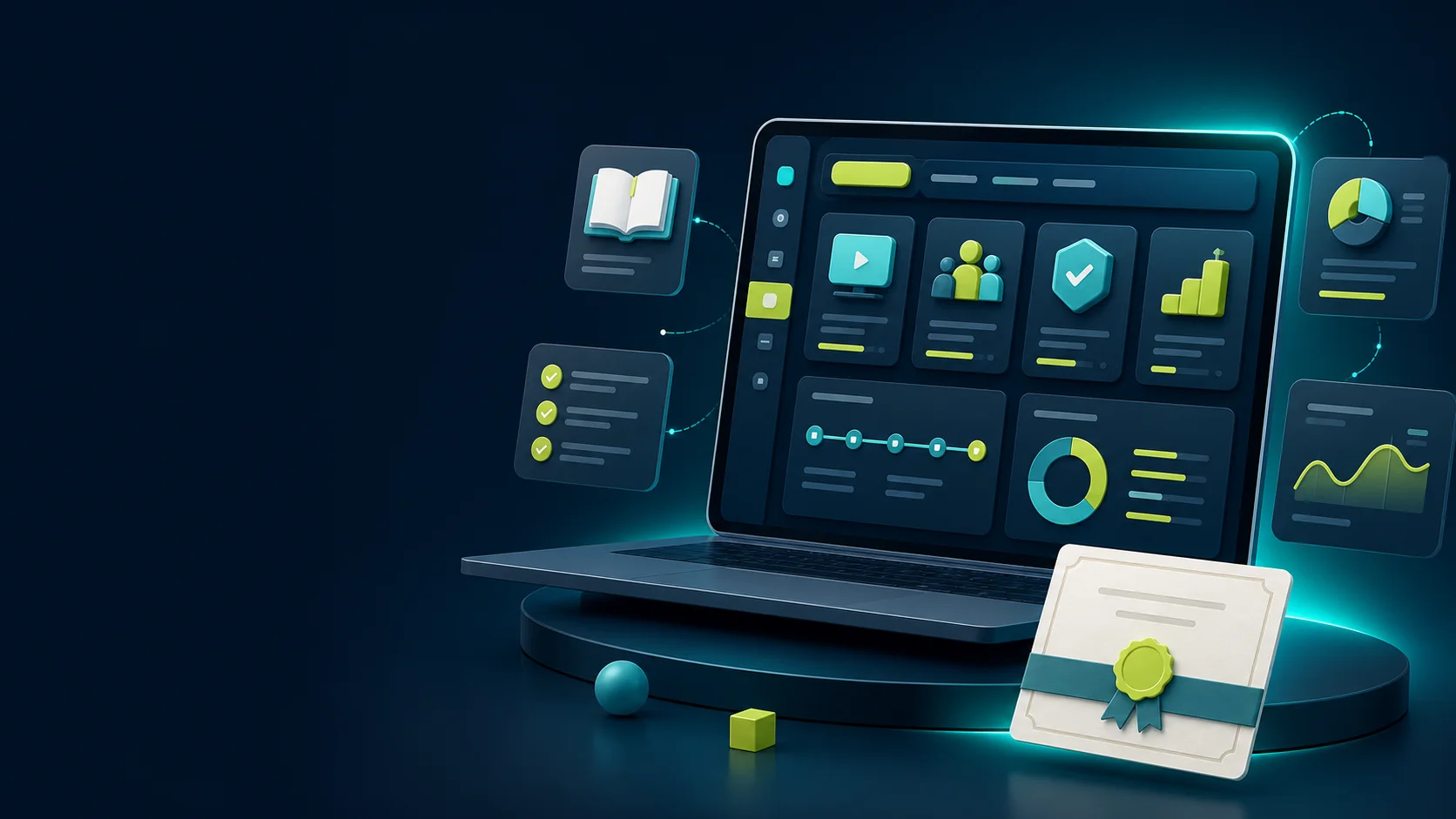 Interface de LMS para treinamento corporativo com cursos, relatórios e certificados