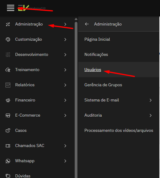 Menu de edição de usuários