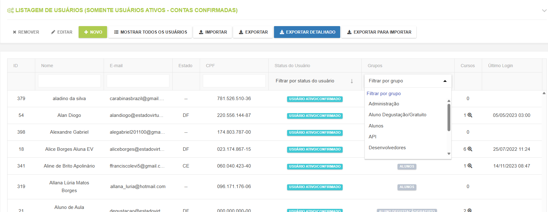 Lista de usuários